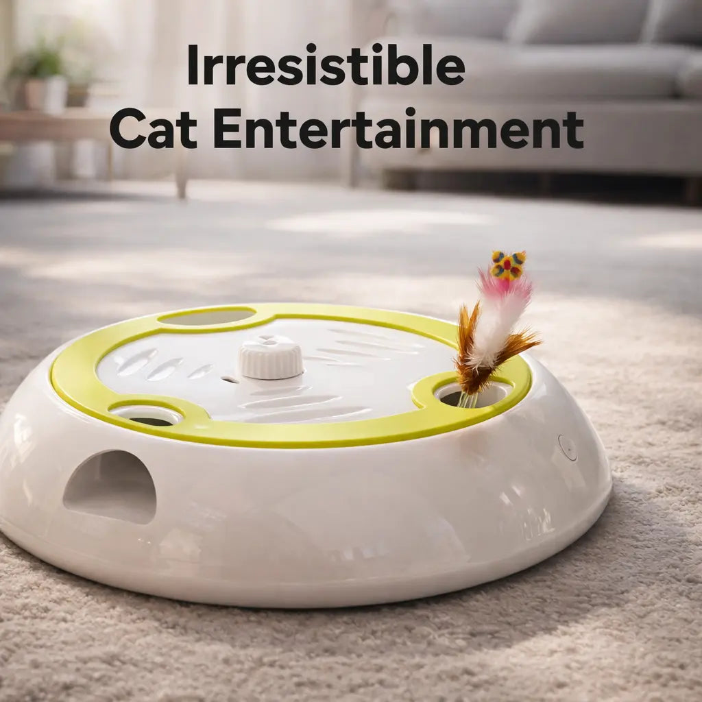 Premium white and green electric cat feather toy device on a living room carpet - Irresistible Cat Entertainment