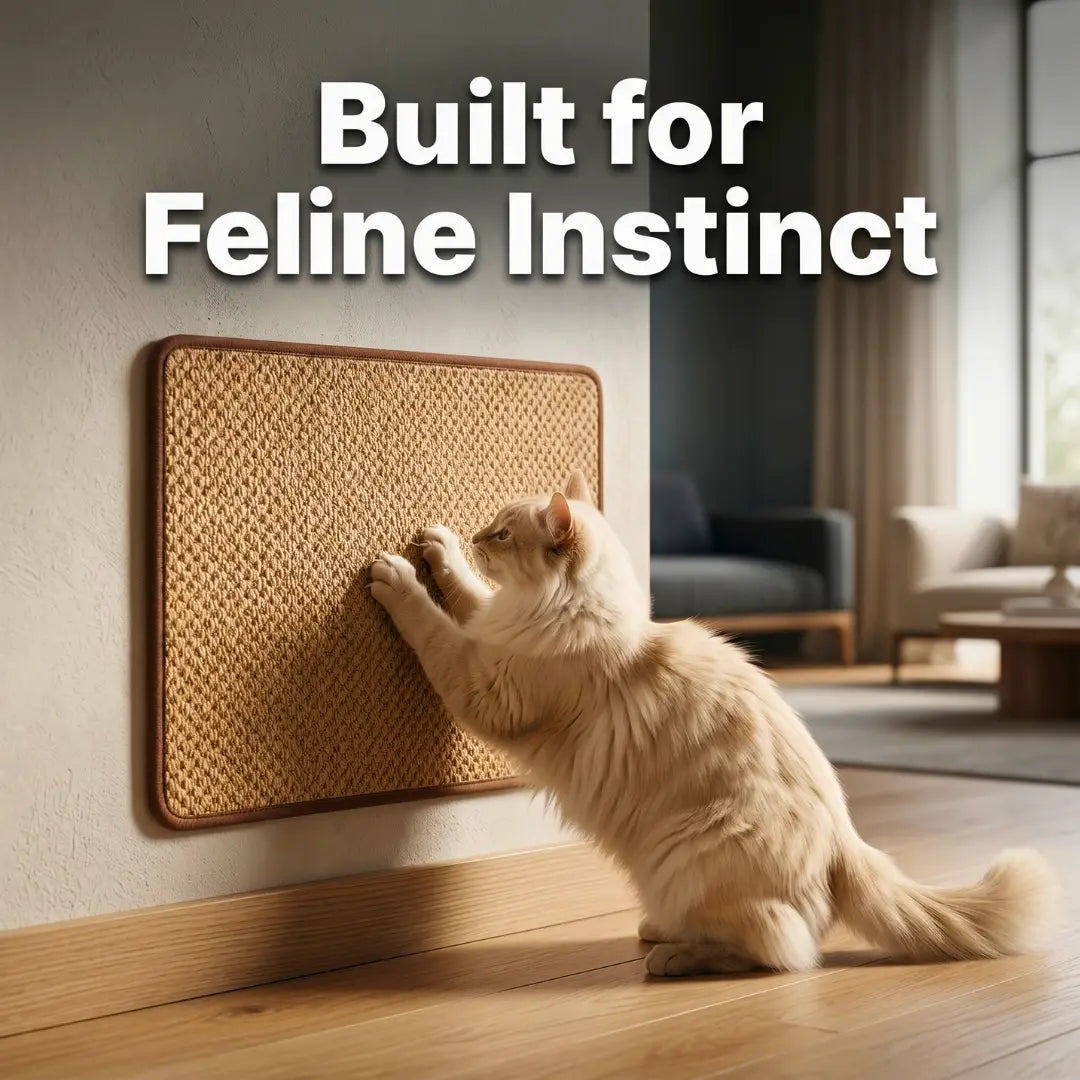 A long-haired cream cat standing on hind legs to scratch a rectangular brown-trimmed sisal scratch pad mounted on a living room wall.