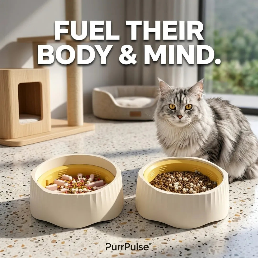 Cat sitting next to two food bowls with text 'Fuel their body & mind' and 'PurrPulse' branding.