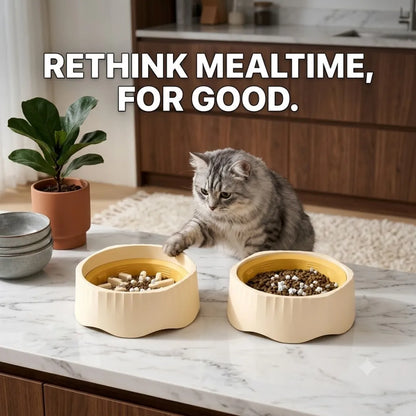 Cat sitting on a kitchen floor with two food bowls, text 'RETHINK MEALTIME, FOR GOOD.'
