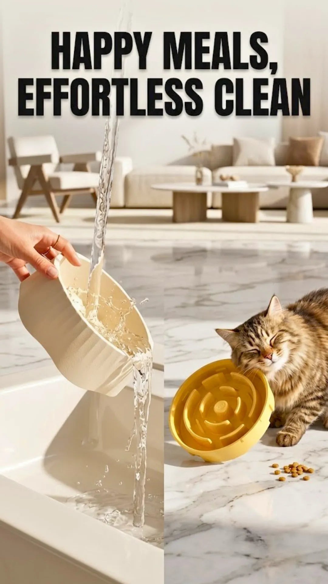 Person pouring water into a sink with a cat nearby, featuring text 'Happy Meals, Effortless Clean'.
