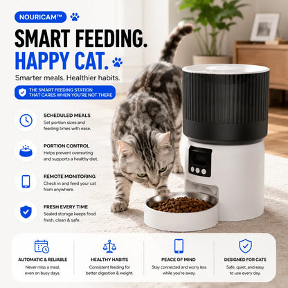 Nouricam smart feeding station with a cat interacting with it in a home setting.