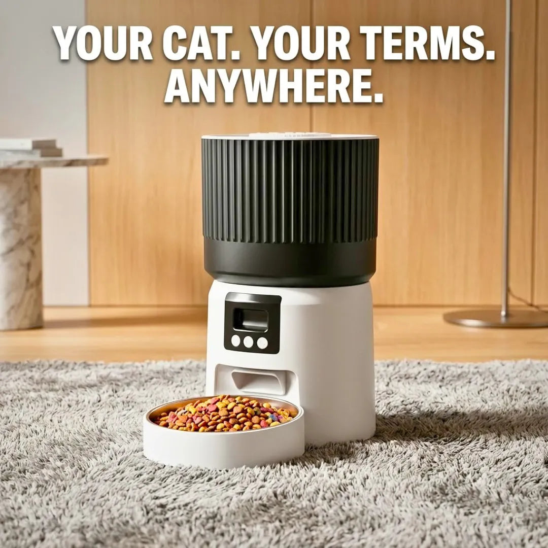 Pet feeder with food on a carpeted floor, text 'Your Cat. Your Terms. Anywhere.'