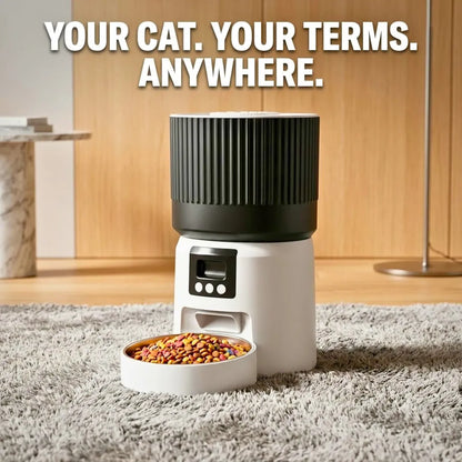 Pet feeder with food on a carpeted floor, text 'Your Cat. Your Terms. Anywhere.'