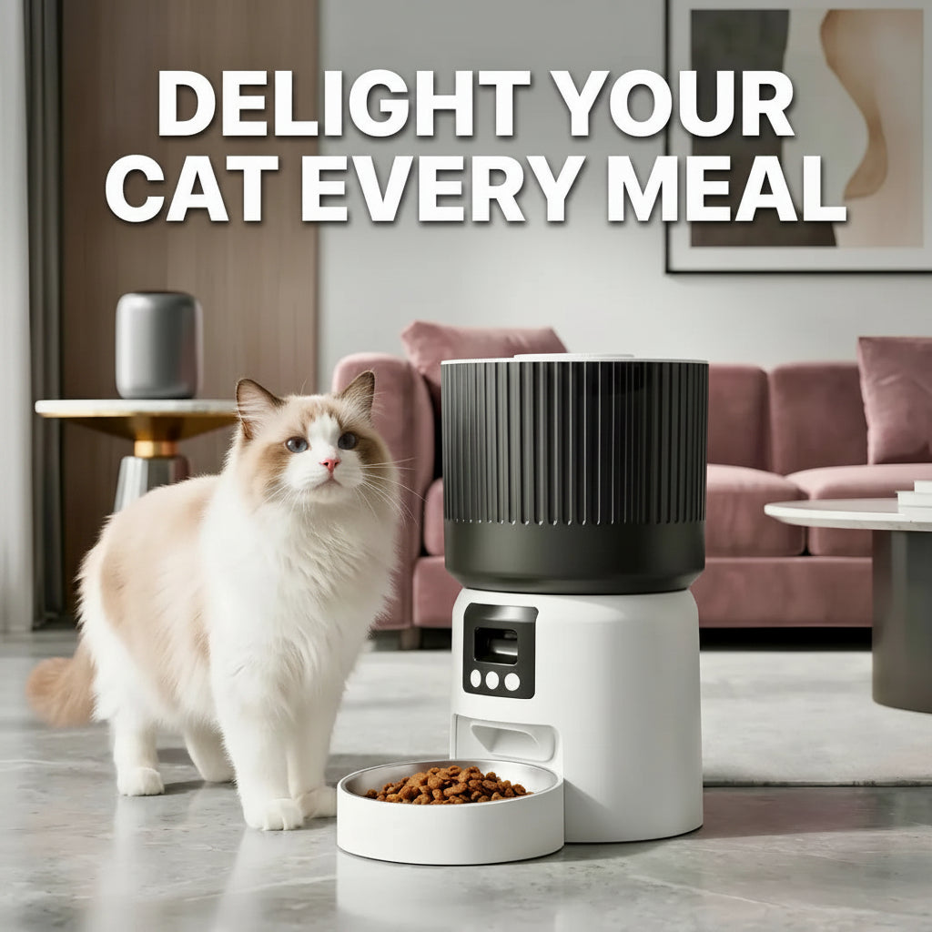 Cat standing next to a modern pet feeder with text 'Delight Your Cat Every Meal' in a living room setting.