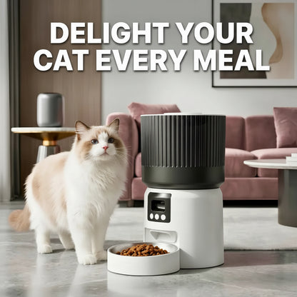 Cat standing next to a modern pet feeder with text 'Delight Your Cat Every Meal' in a living room setting.