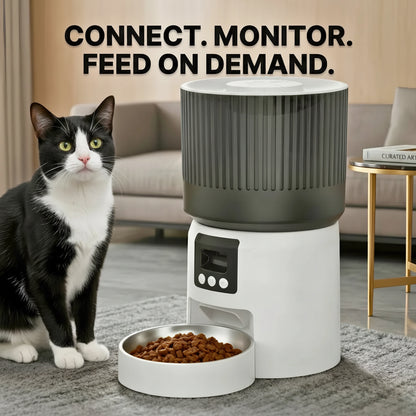 Cat standing next to an automatic pet feeder with text 'Connect. Monitor. Feed on Demand.' in a living room setting.