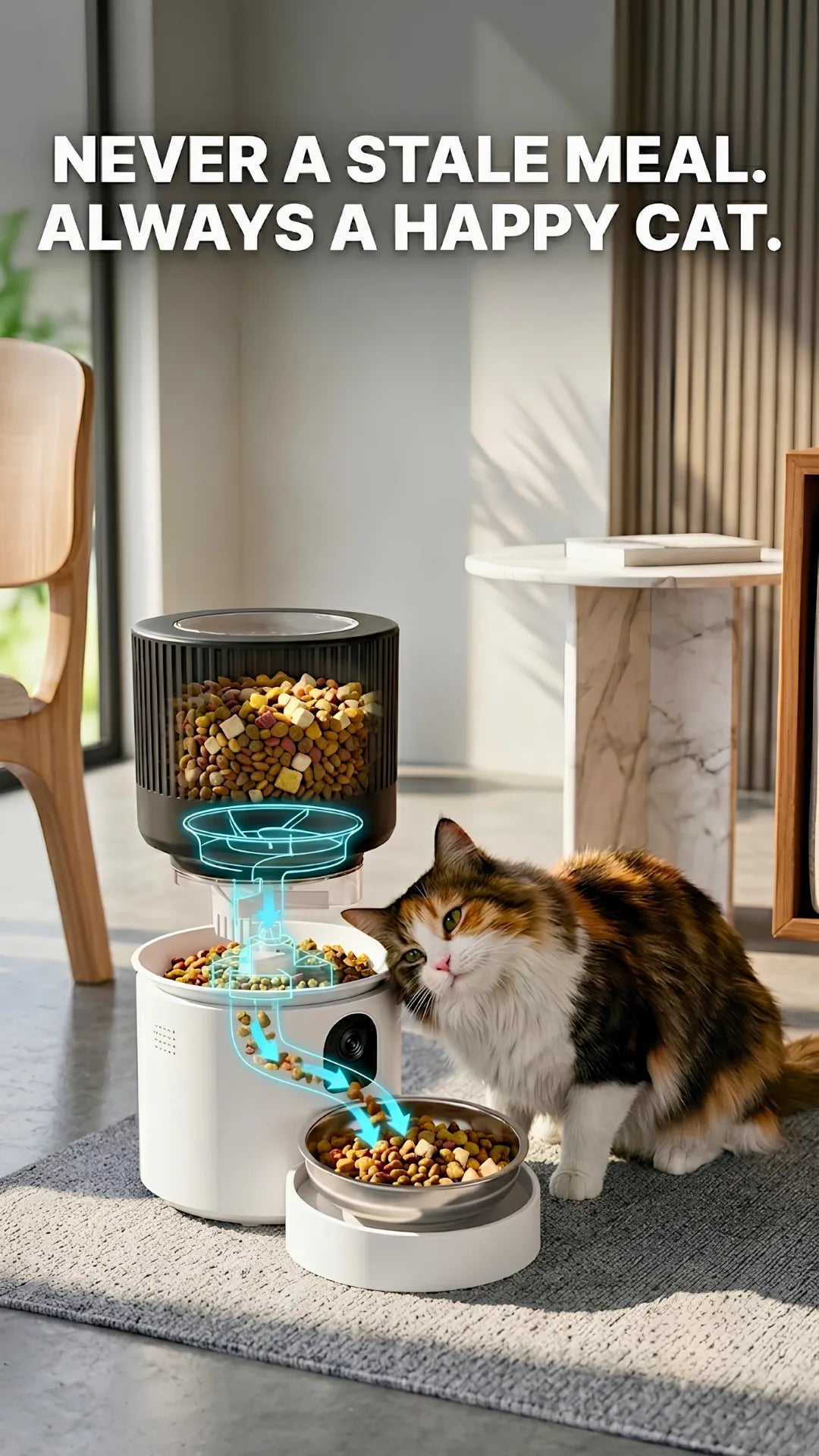 Cat interacting with a modern pet feeder in a home setting.