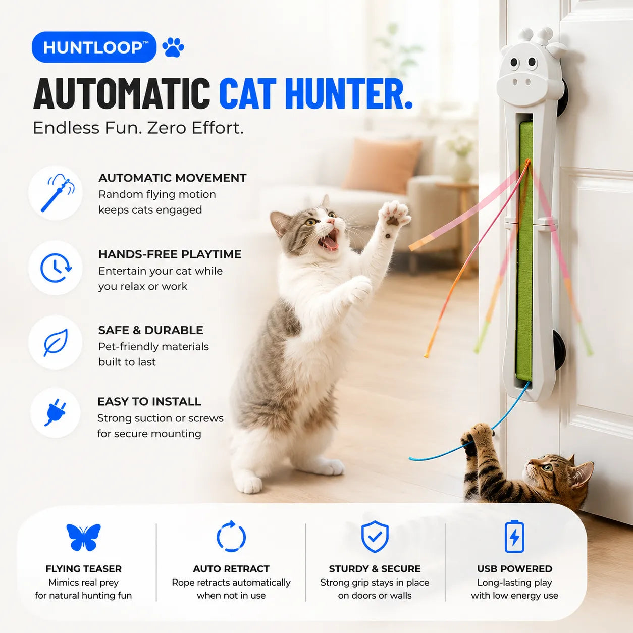 Huntloop Automatic Cat Hunter product with a cat interacting with it, featuring text highlighting features.