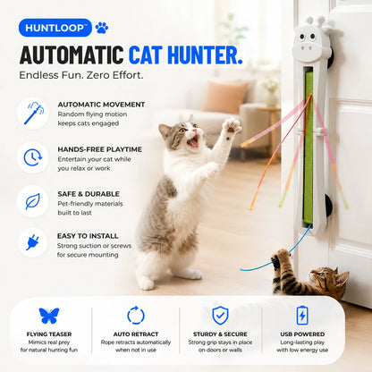 Huntloop Automatic Cat Hunter product with a cat interacting with it, featuring text highlighting features.
