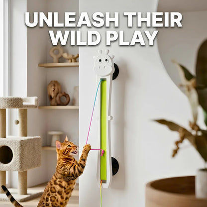 Cat playing with a toy attached to a wall, with text 'Unleash Their Wild Play' above.