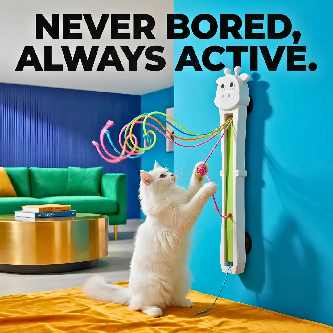 Cat playing with a colorful toy attached to a wall-mounted device in a modern living room.