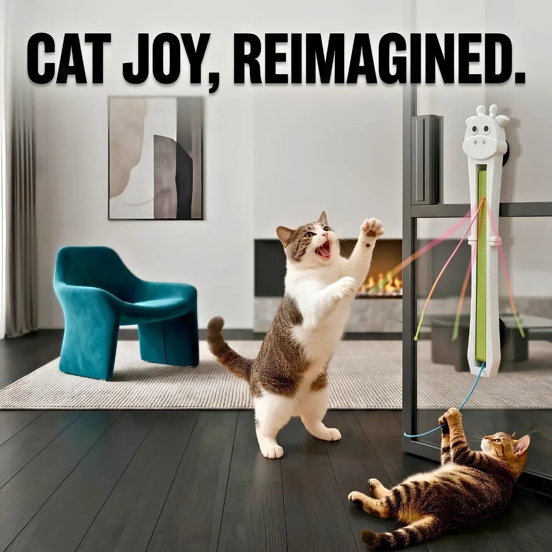 Two cats playing with a toy in a modern living room, with text 'Cat Joy, Reimagined'.