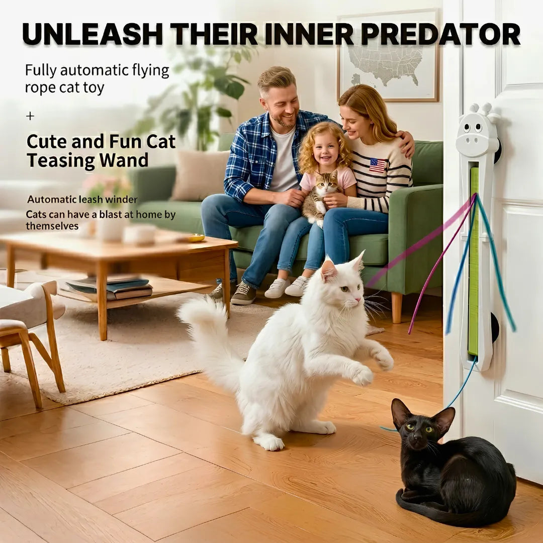 Family in a living room with two cats playing with a toy, text about an automatic flying rope cat toy and cat teasing wand.