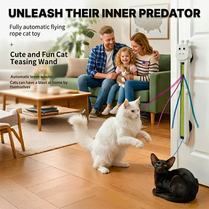 Family in a living room with two cats playing with a toy, text about an automatic flying rope cat toy and cat teasing wand.