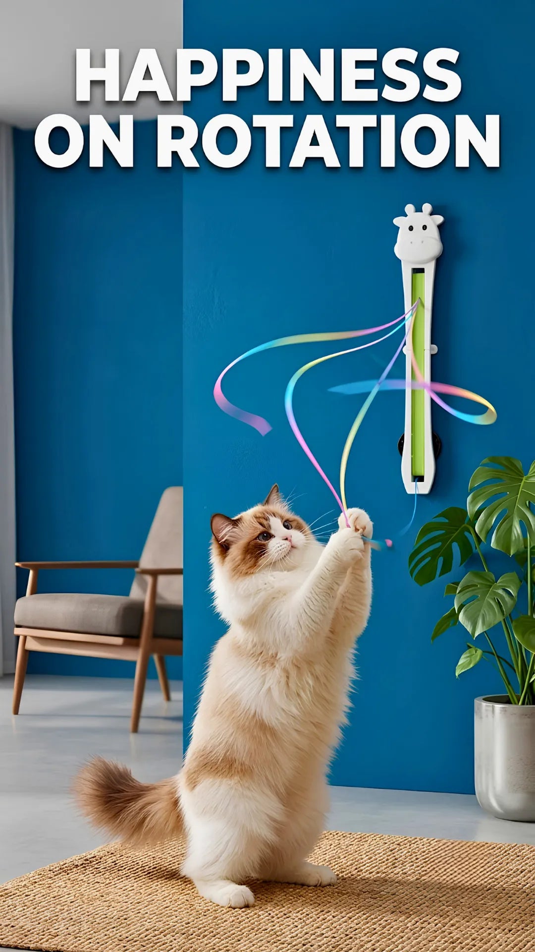 Cat playing with a toy against a blue wall with 'Happiness on Rotation' text.