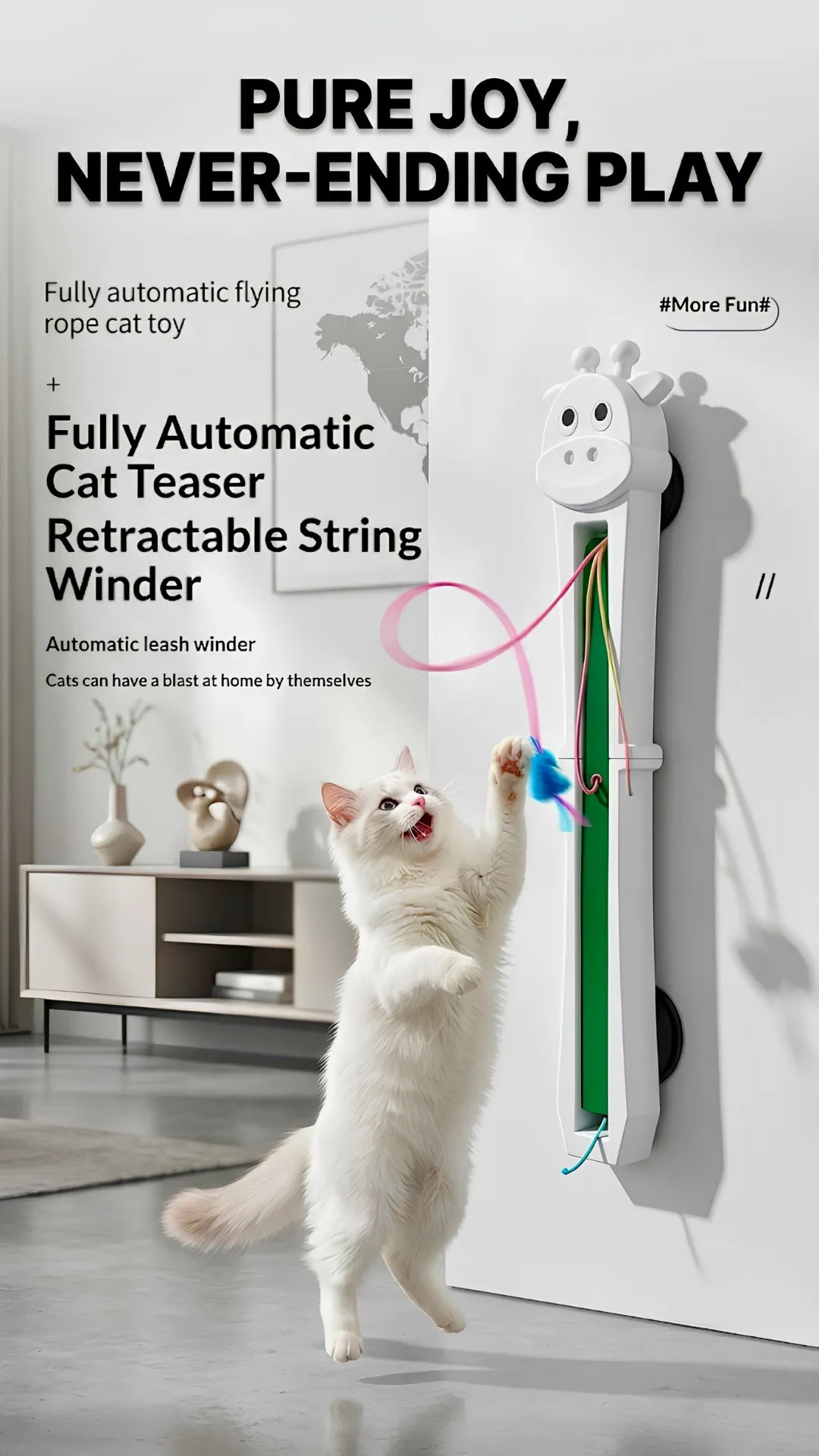 Cat playing with a fully automatic flying rope cat toy in a modern living room.