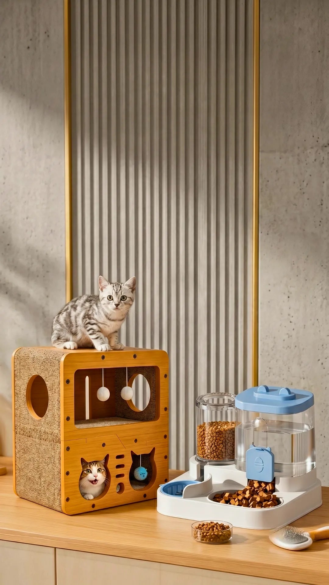 Automatic cat feeding station with wooden sanctuary