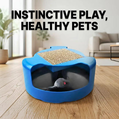Blue pet playpen with a toy mouse on a wooden floor in a living room.