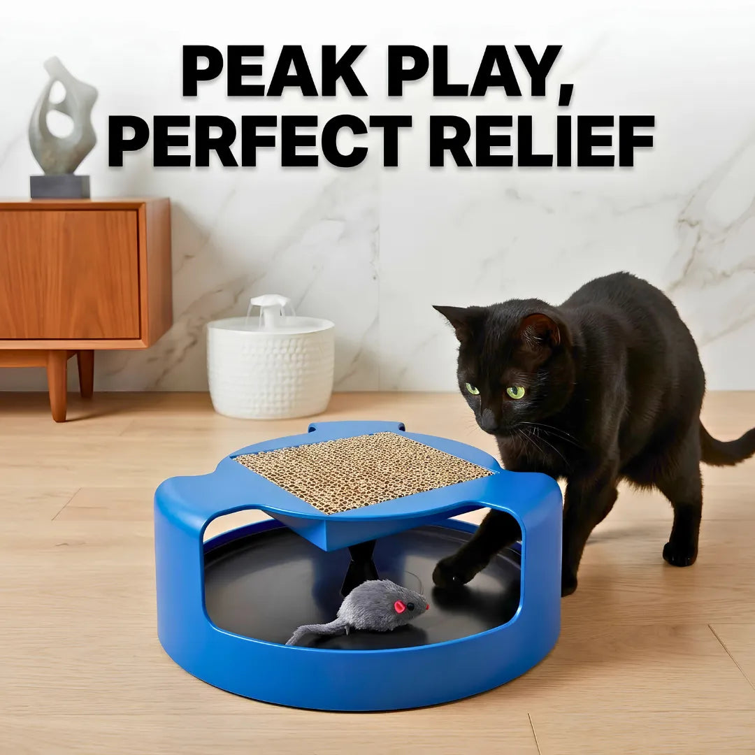 Black cat playing with a blue cat toy on a wooden floor.