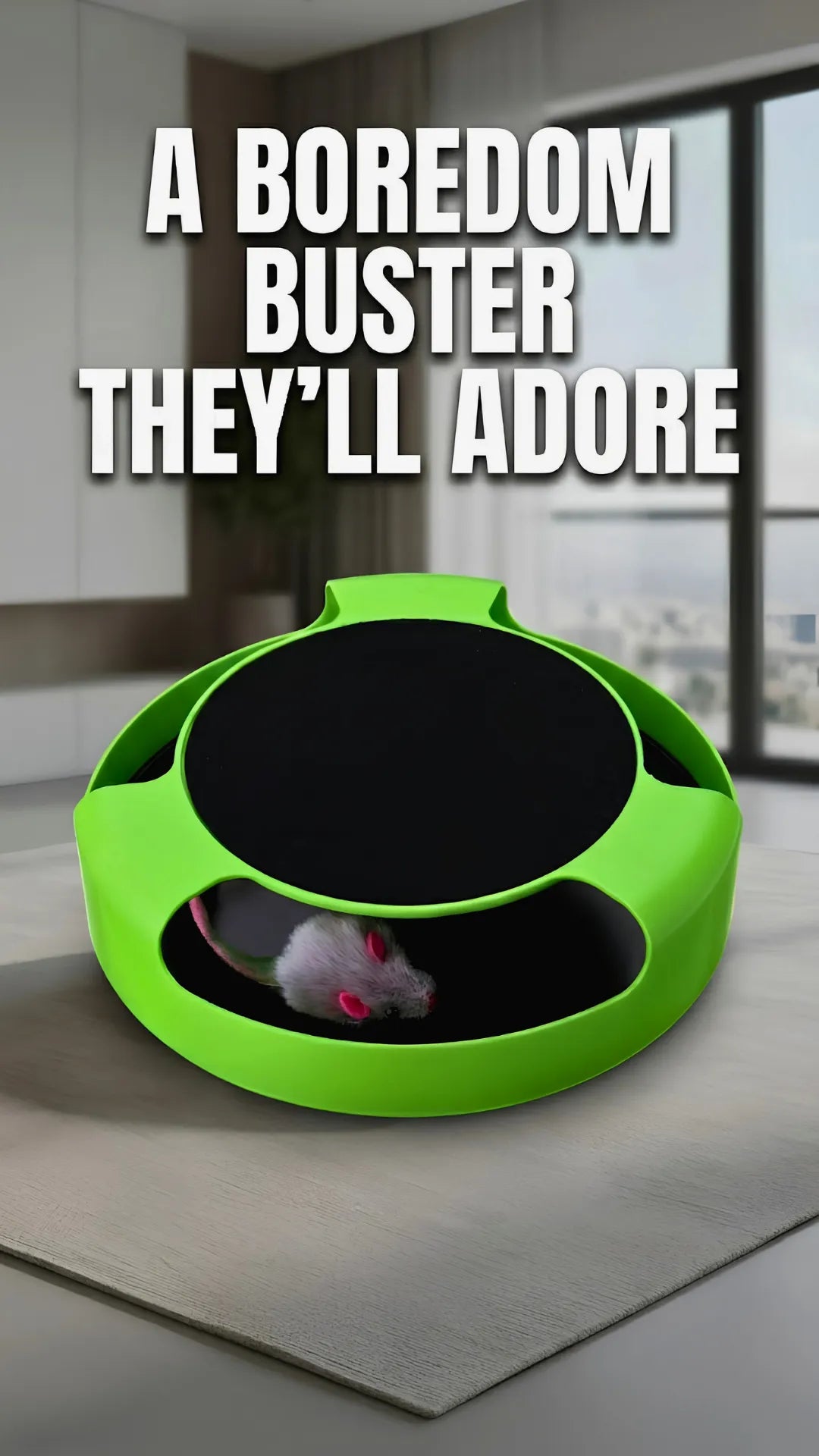 Green pet toy with a black interior and small gray mouse-like object on a light wooden floor.