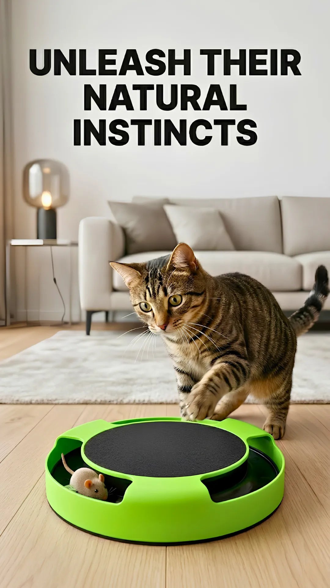 Cat playing with a green and black toy on a wooden floor with a couch and lamp in the background.
