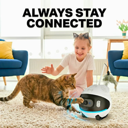 Child playing with a cat and a pet robot toy in a living room.