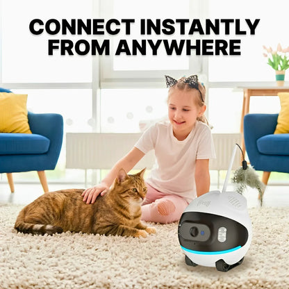 Child with a cat and a pet camera in a living room setting, with text 'Connect Instantly From Anywhere'.