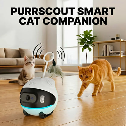 Purrscout smart cat companion device with two cats in a living room setting.