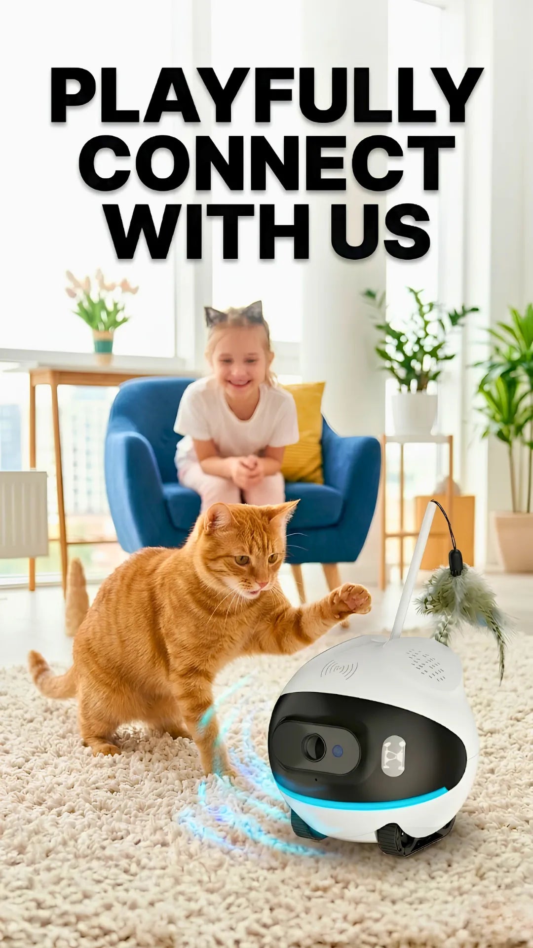 Cat playing with a robot toy on a carpeted floor, with text 'Playfully Connect With Us' above.