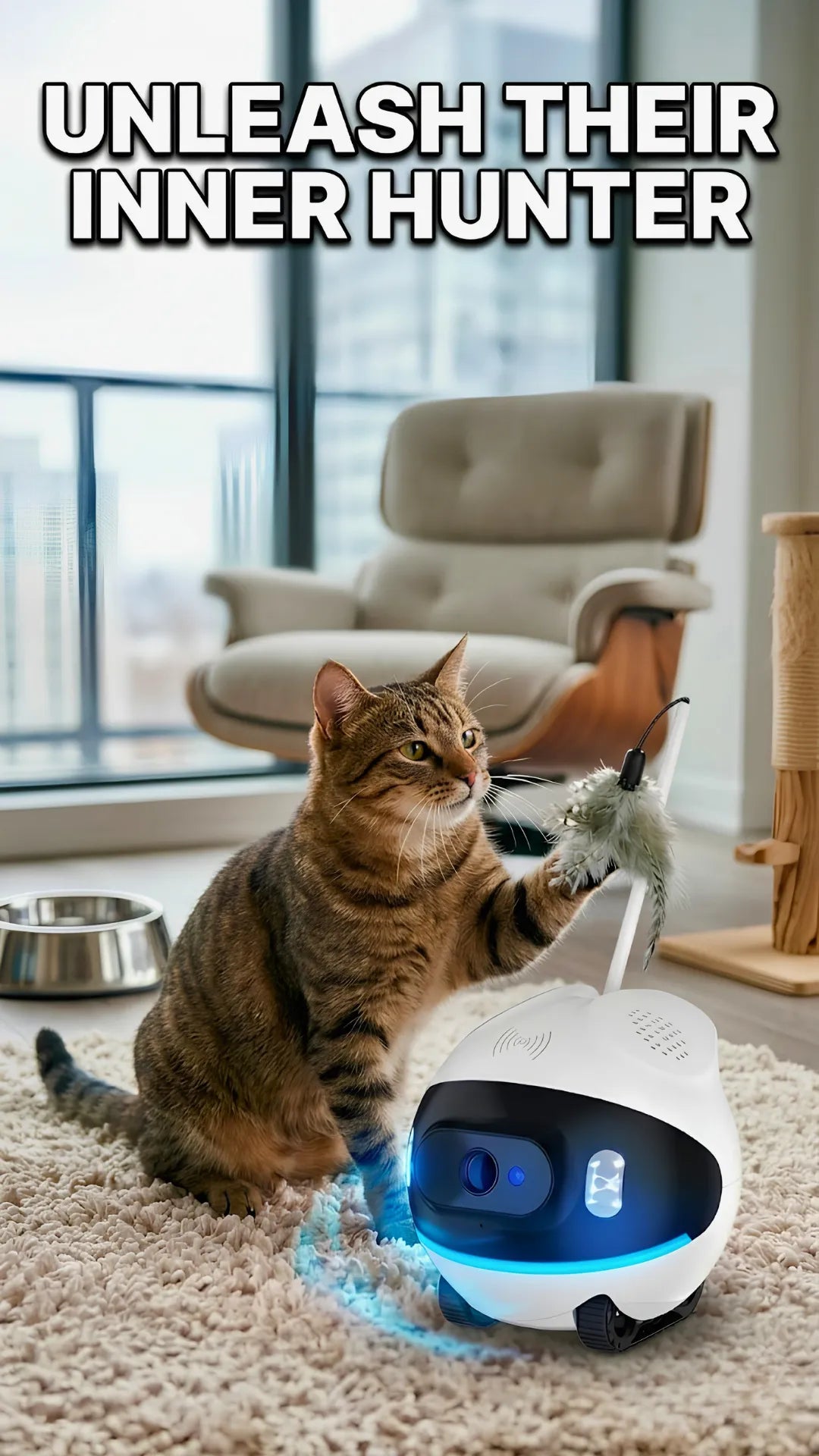 Cat interacting with a robot toy in a living room setting with text 'Unleash their inner hunter'.