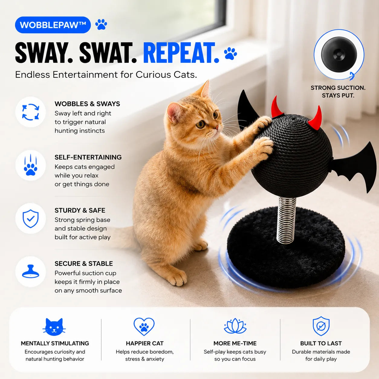 Cat playing with a Wobble Paw toy, featuring text about its features and benefits.