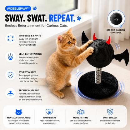 Cat playing with a Wobble Paw toy, featuring text about its features and benefits.