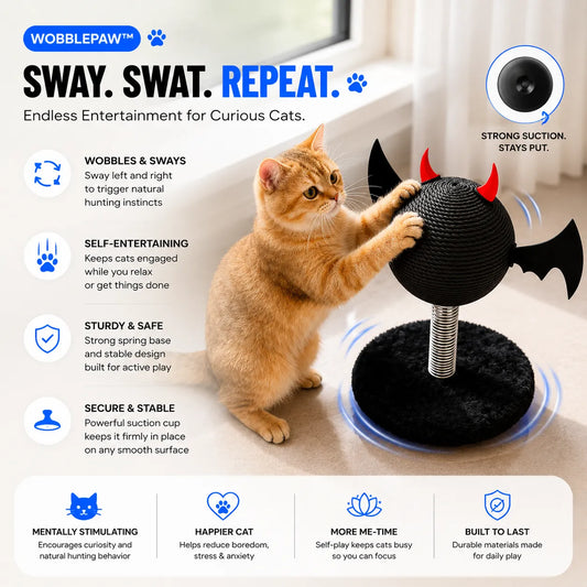 Cat playing with a Wobble Paw toy, featuring text about its features and benefits.