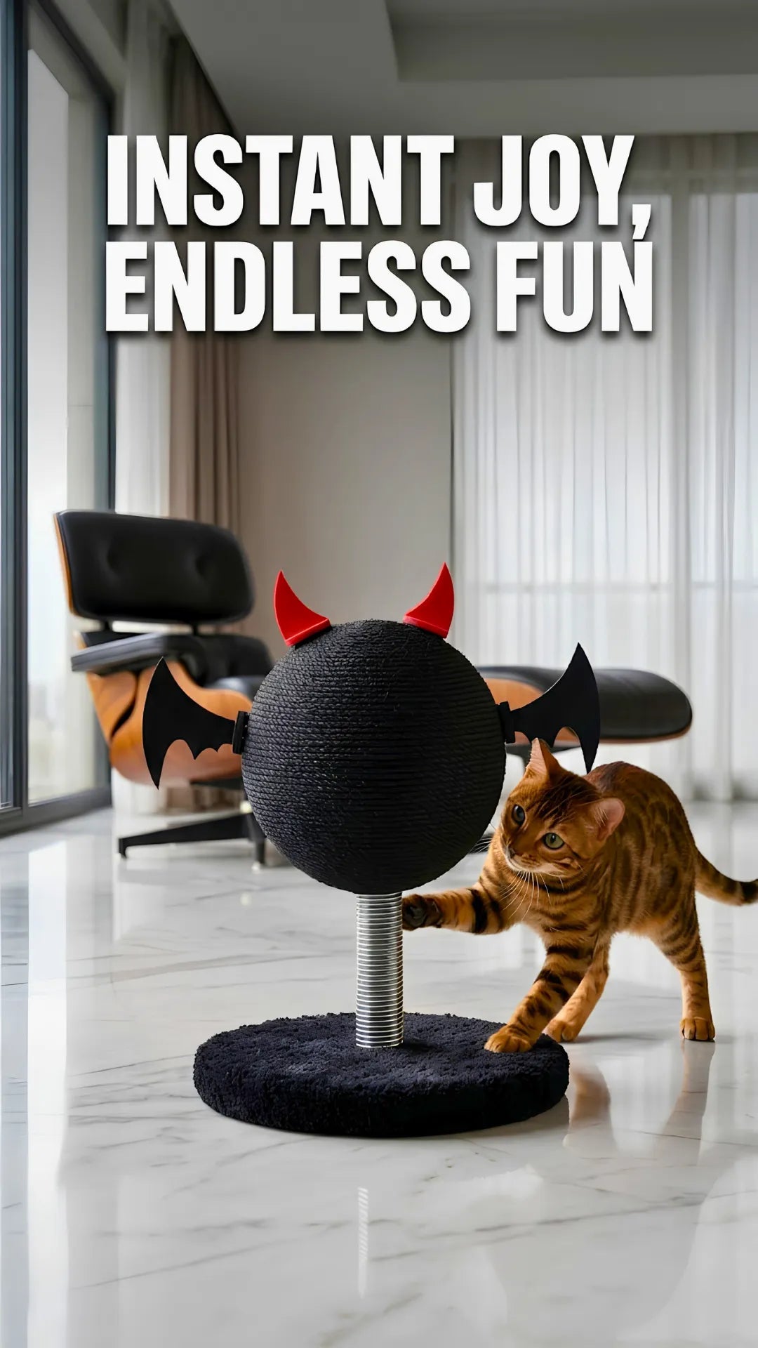 Cat playing with a black ball toy with devil horns in a modern room.