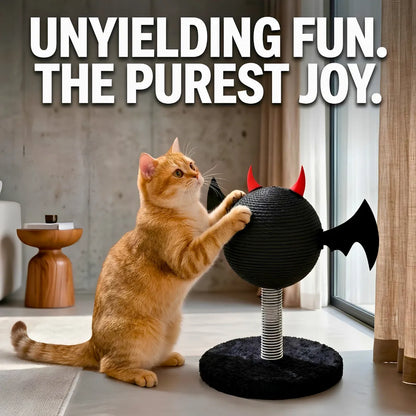 Cat playing with a black ball with red devil horns in a modern living room.