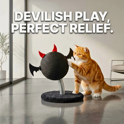 Cat playing with a black devil-shaped toy indoors.