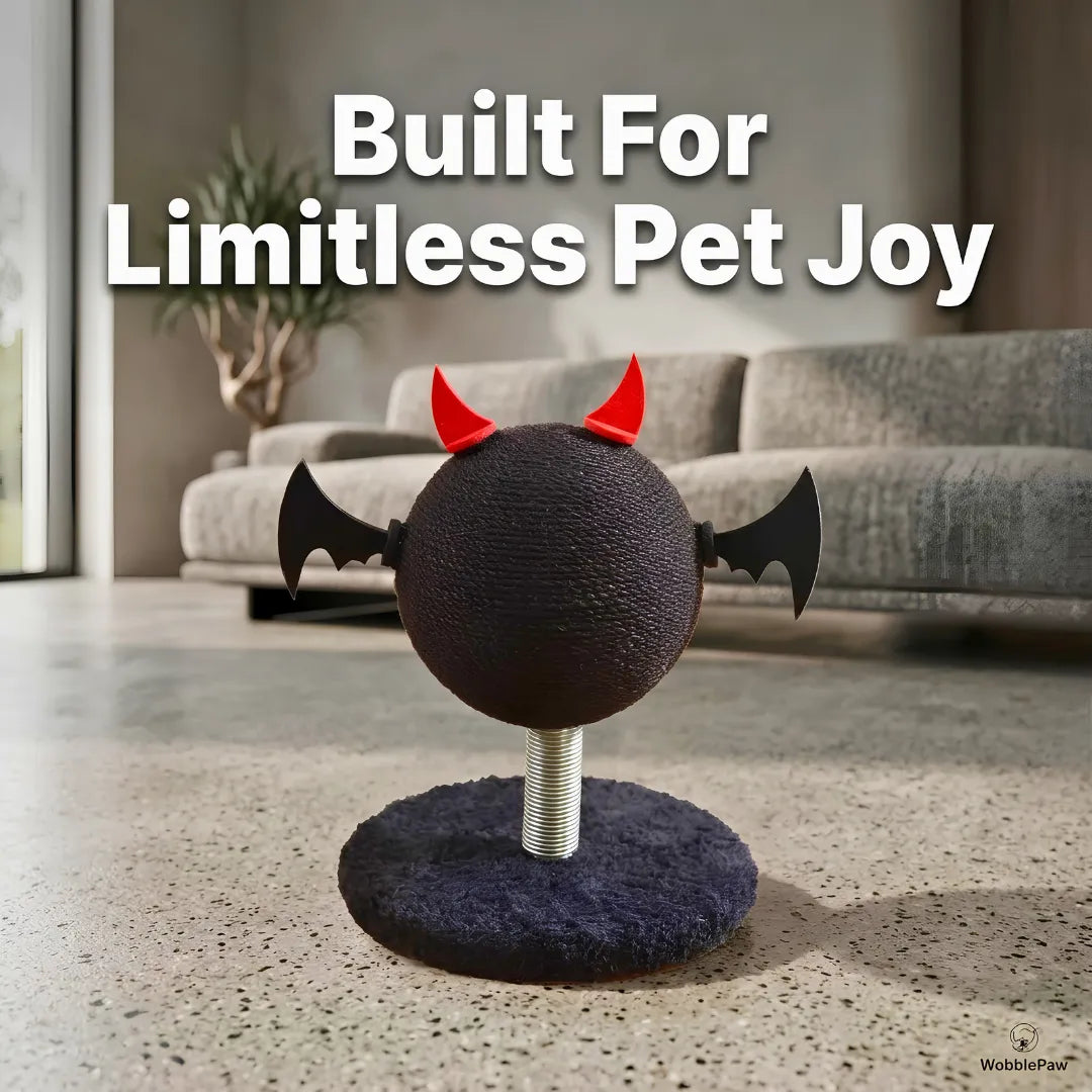 Pet toy with devil horns and tails on a stand in a living room setting, with text 'Built For Limitless Pet Joy'.
