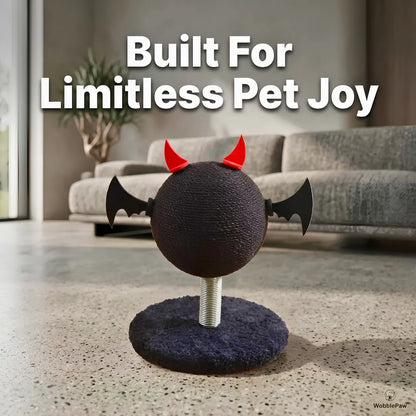 Pet toy with devil horns and tails on a stand in a living room setting, with text 'Built For Limitless Pet Joy'.