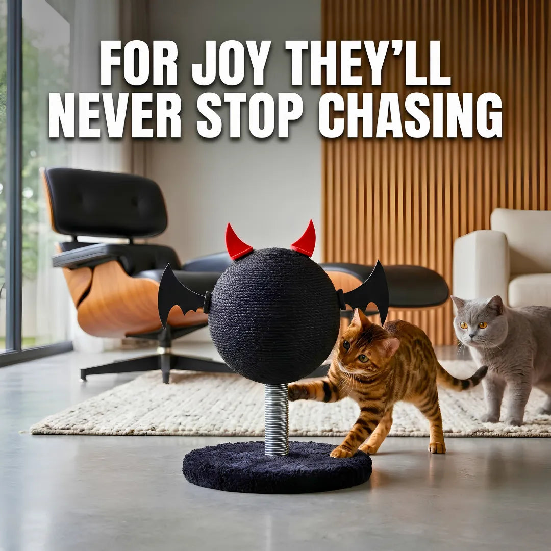 Two cats playing with a black cat toy shaped like a sphere with bat wings and red devil horns in a modern living room.