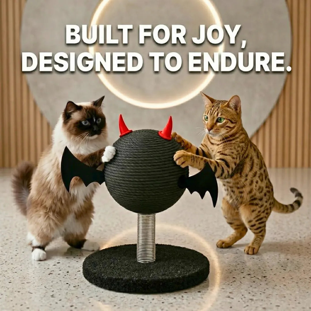 Two cats playing with a black ball toy with red horns and bat wings on a light-colored floor.