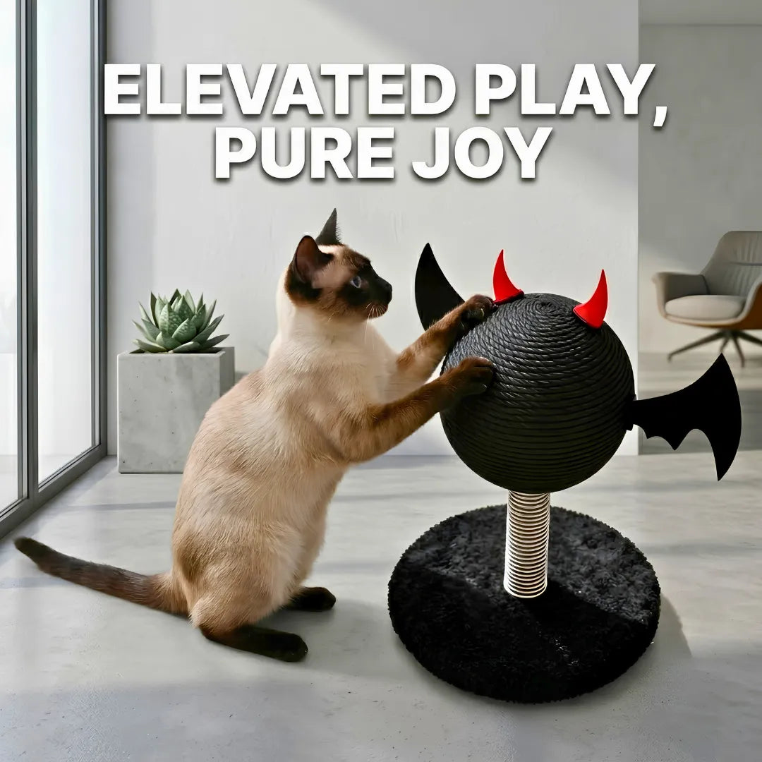 Cat playing with a black ball toy with red horns on a modern floor.