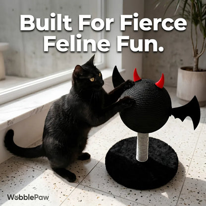 Black cat playing with a black and red cat toy on a tiled floor.
