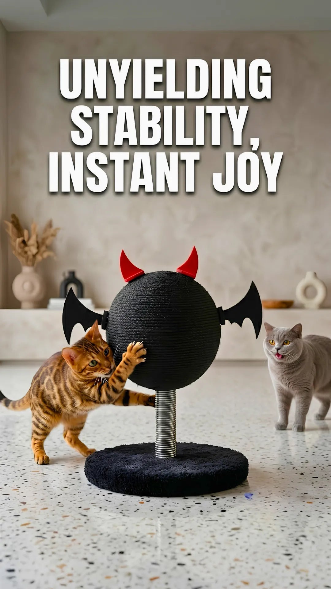 Two cats interacting with a black ball toy on a countertop.