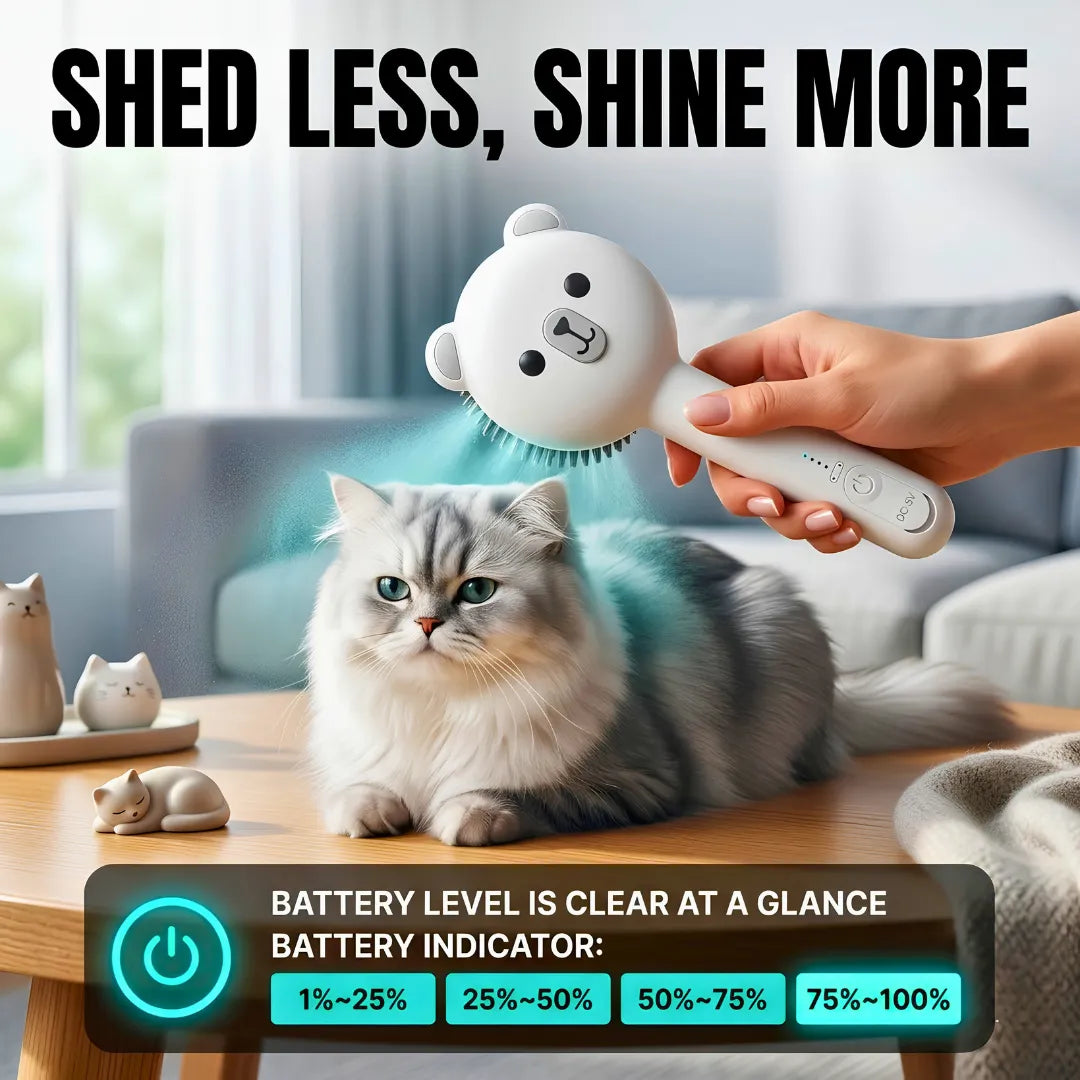 Cat being brushed with a grooming tool on a table, with text 'Shed Less, Shine More' and battery indicator.