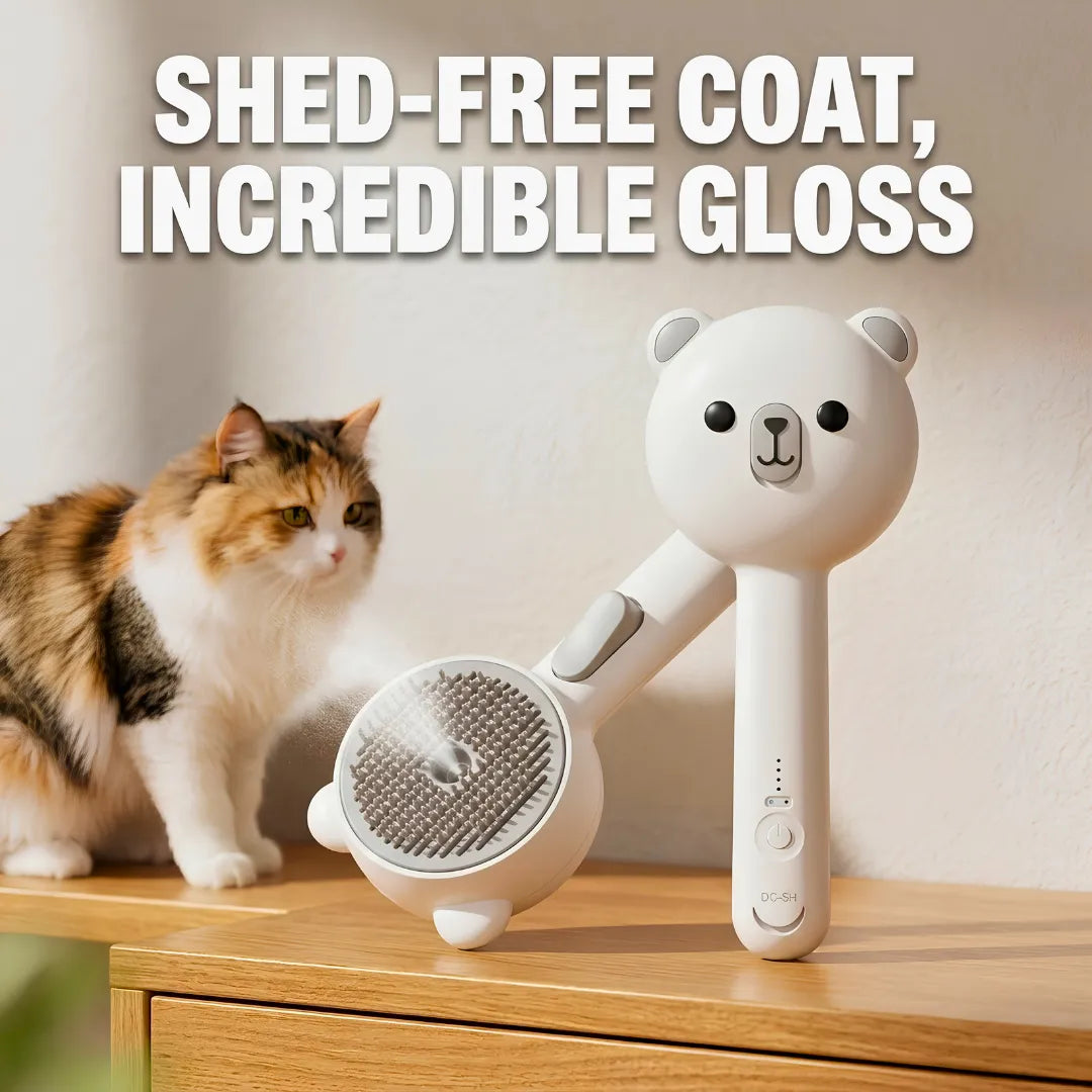 Cat next to a white grooming brush with a bear design on a wooden surface.
