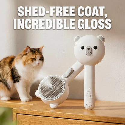 Cat next to a white grooming brush with a bear design on a wooden surface.