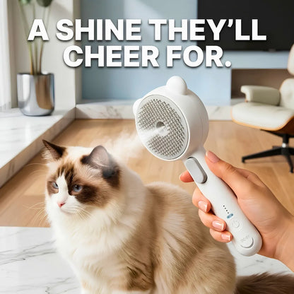 Person using a pet grooming brush on a cat with text 'A SHINE THEY'LL CHEER FOR.'