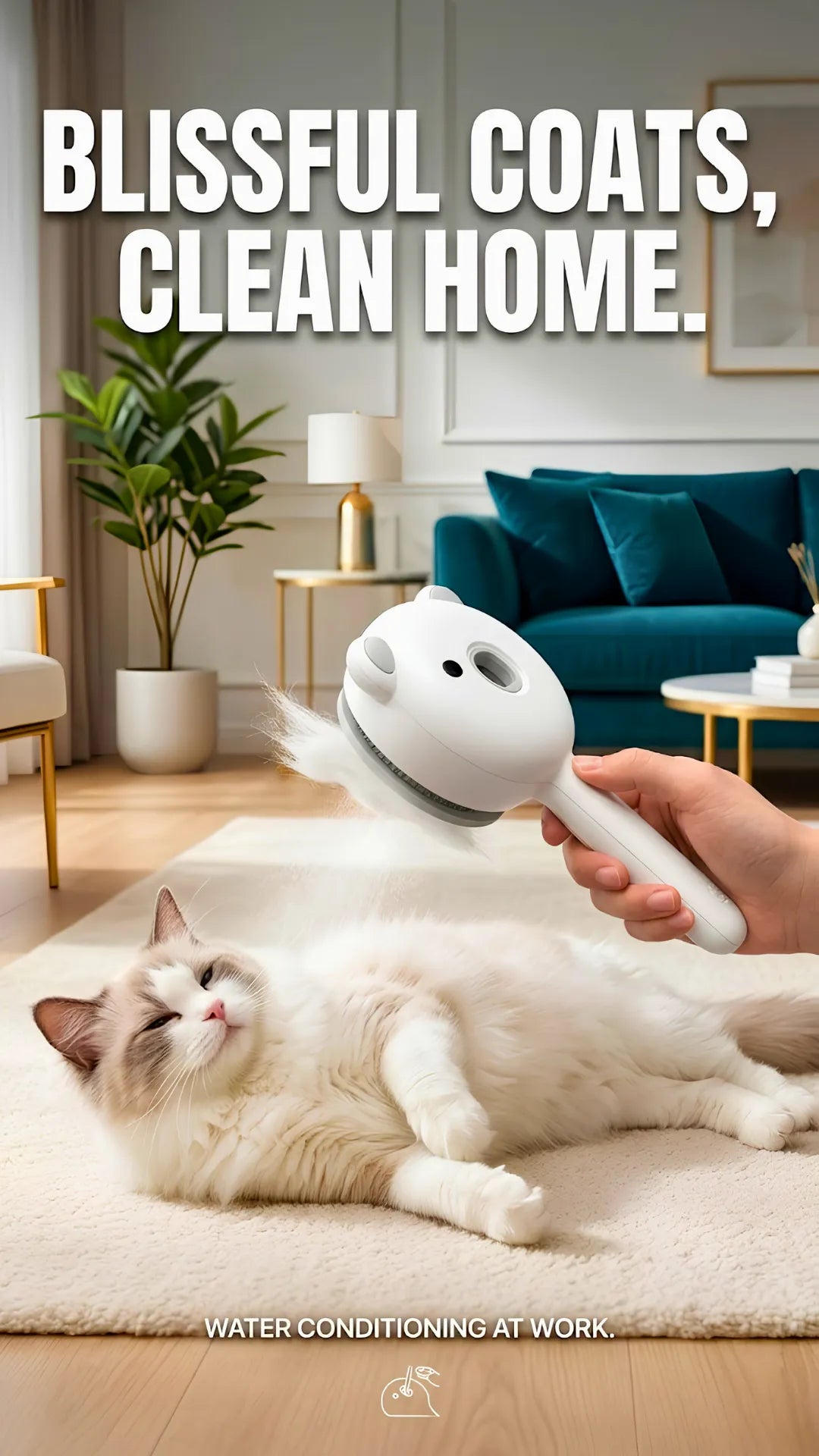 Person using a pet grooming brush on a cat in a living room with text 'Blissful Coats, Clean Home'.