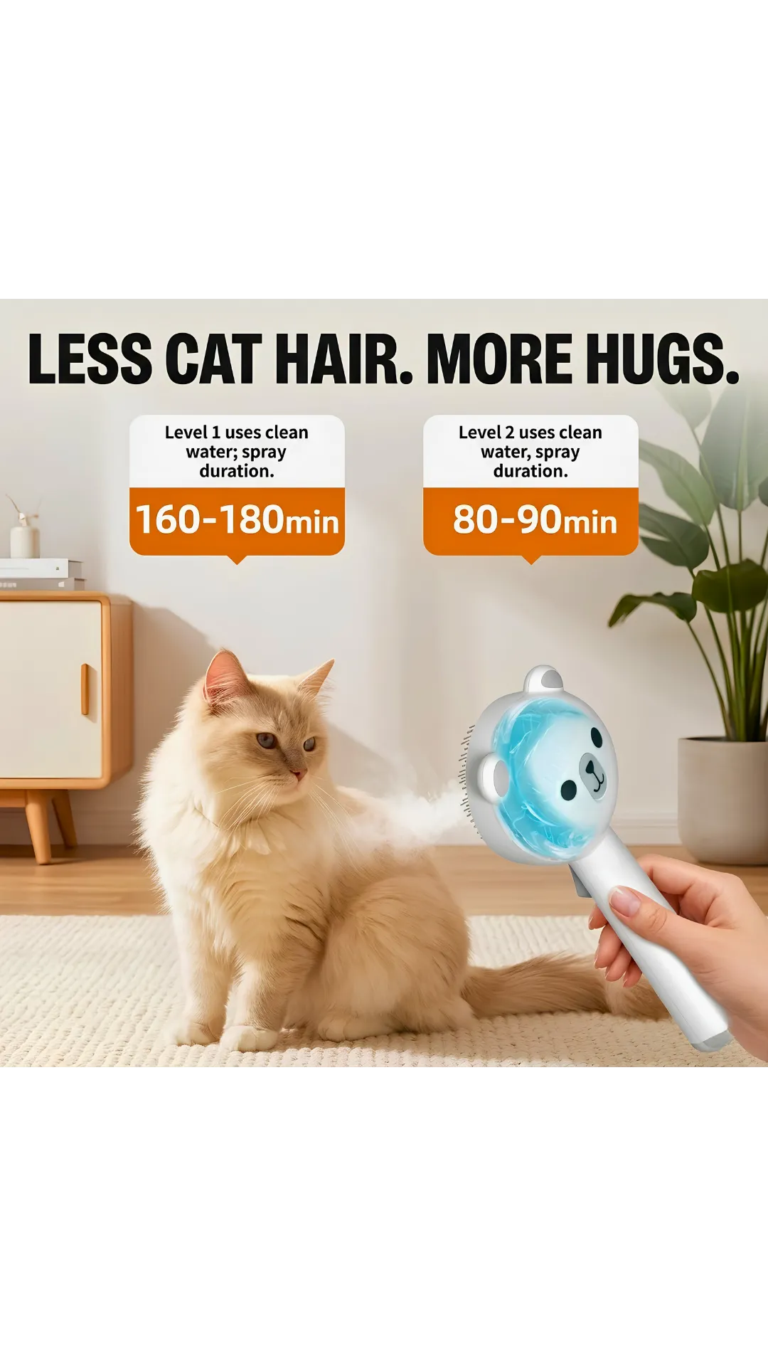 Cat being groomed with a grooming tool, with text indicating less cat hair and more hugs.